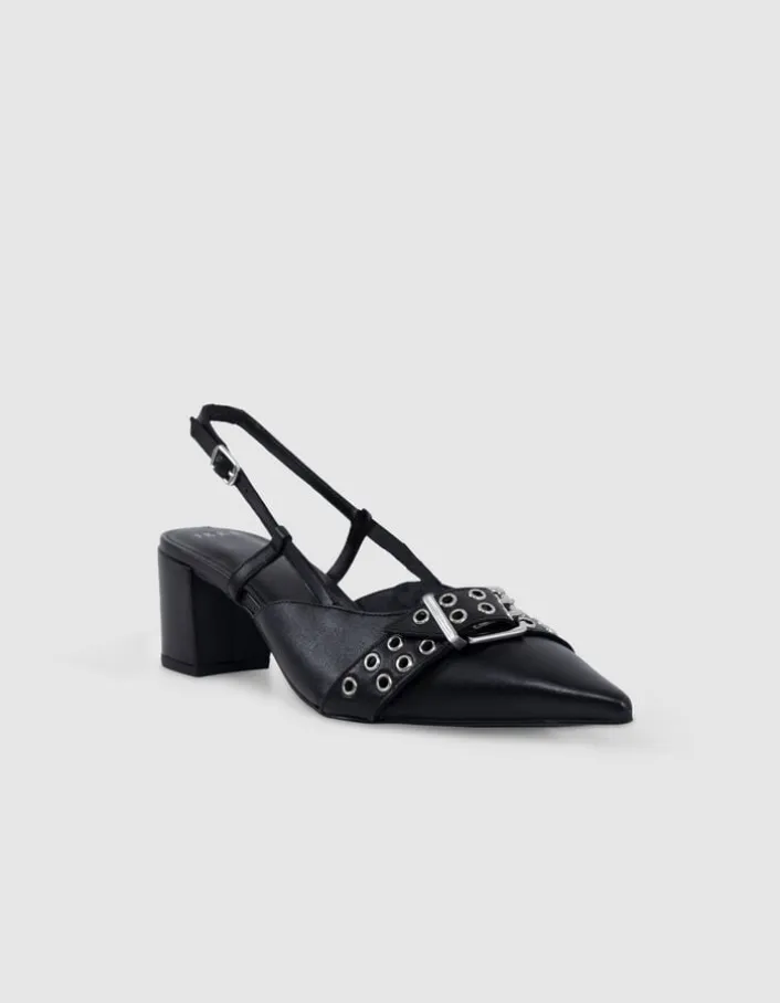 Escarpins slingback noirs cuir boucle oeillets Femme