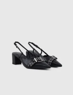 Escarpins slingback noirs cuir boucle oeillets Femme