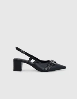 Escarpins slingback noirs cuir boucle oeillets Femme