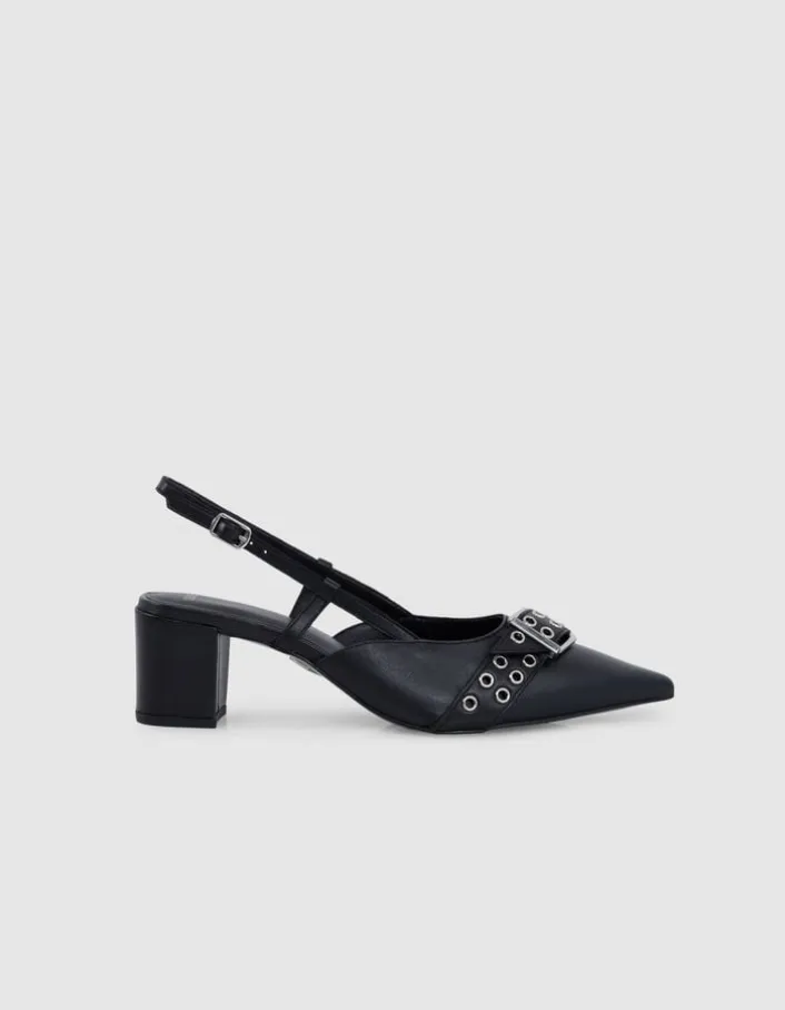 Escarpins slingback noirs cuir boucle oeillets Femme