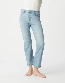 Jean bleu clair cropped boutons apparents powerstretch Femme