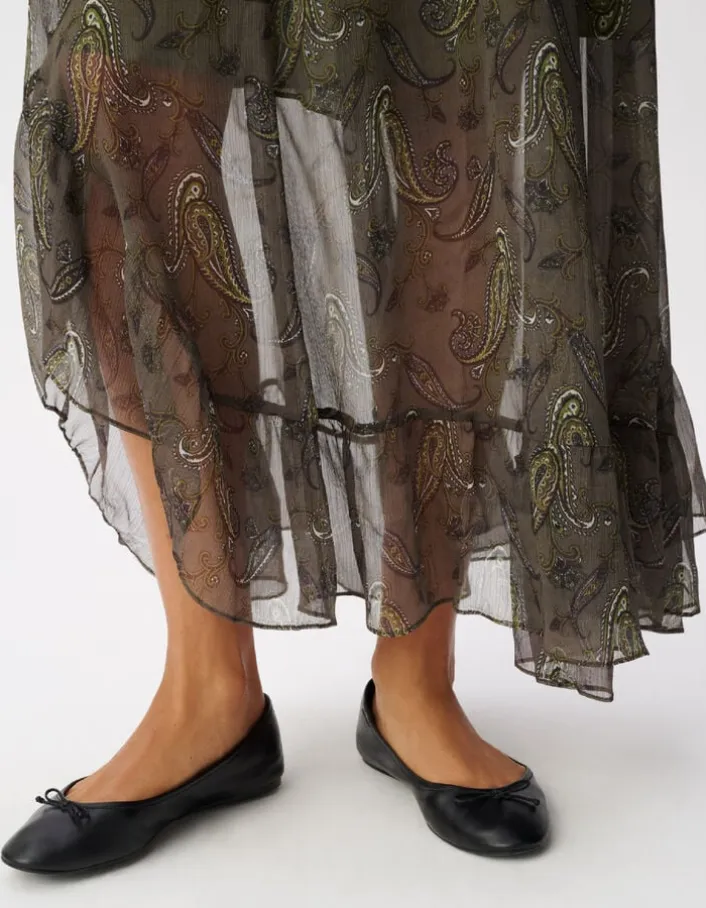 Jupe longue asymétrique kaki imprimé cachemire Femme