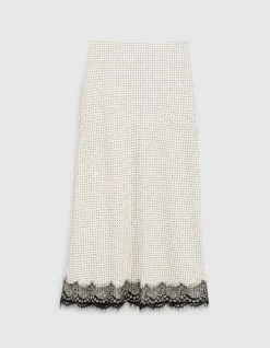 Jupe longue écrue satinée motif pois et dentelle Femme