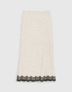 Jupe longue écrue satinée motif pois et dentelle Femme
