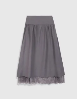 Jupe longue grise bordée dentelle Femme
