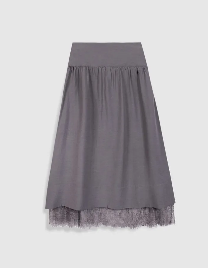 Jupe longue grise bordée dentelle Femme