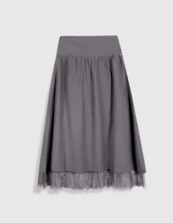 Jupe longue grise bordée dentelle Femme