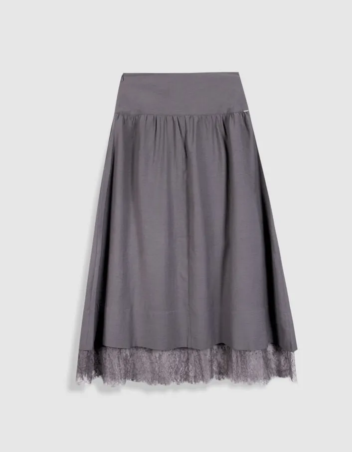 Jupe longue grise bordée dentelle Femme