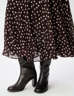 Jupe longue marron imprimé pois taille haute Femme