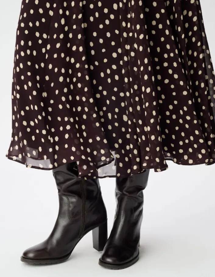 Jupe longue marron imprimé pois taille haute Femme
