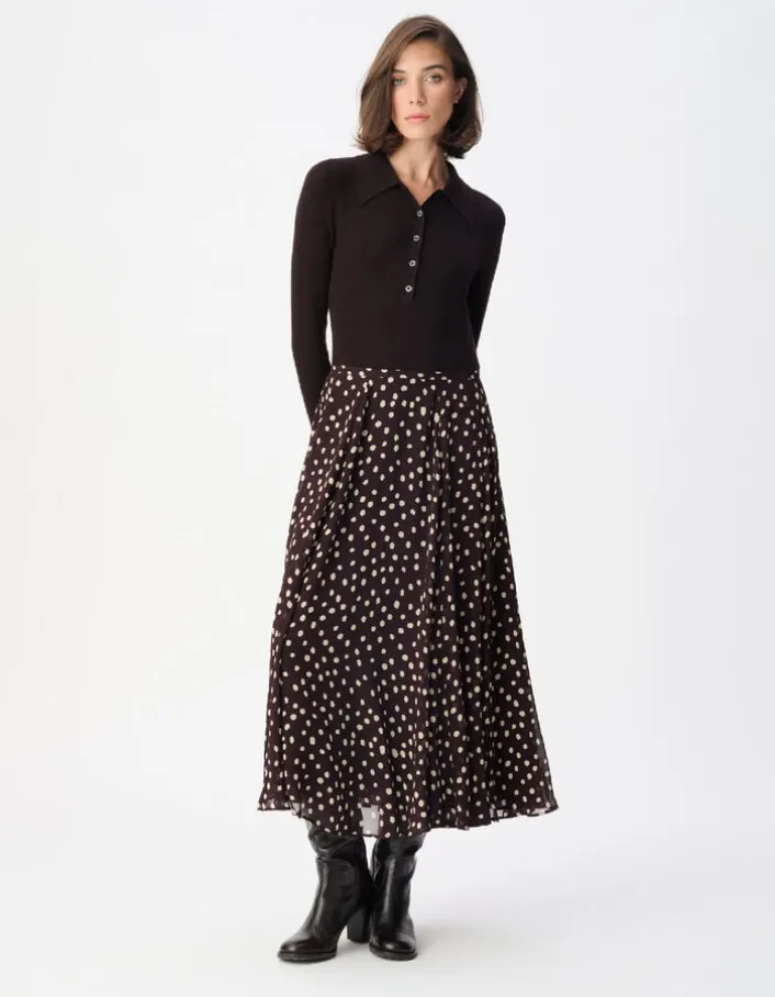 Jupe longue marron imprimé pois taille haute Femme