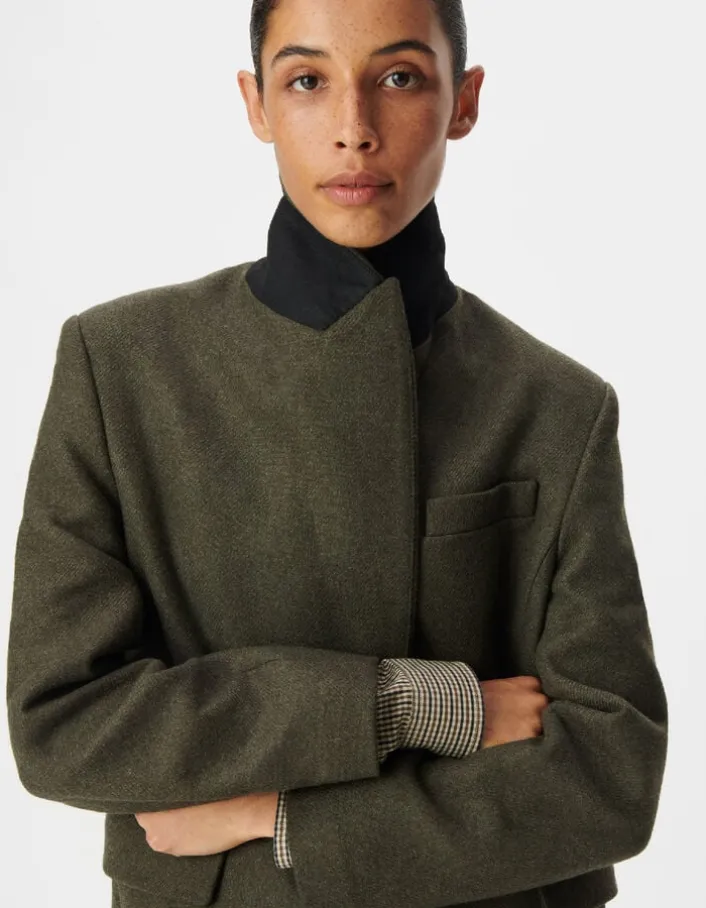 Manteau long droit kaki lainage Femme