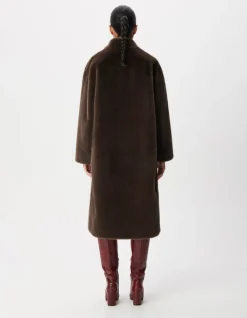 Manteau long marron col montant avec ceinture Femme