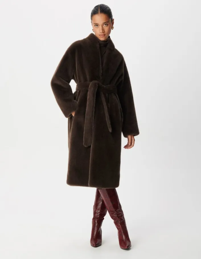 Manteau long marron col montant avec ceinture Femme