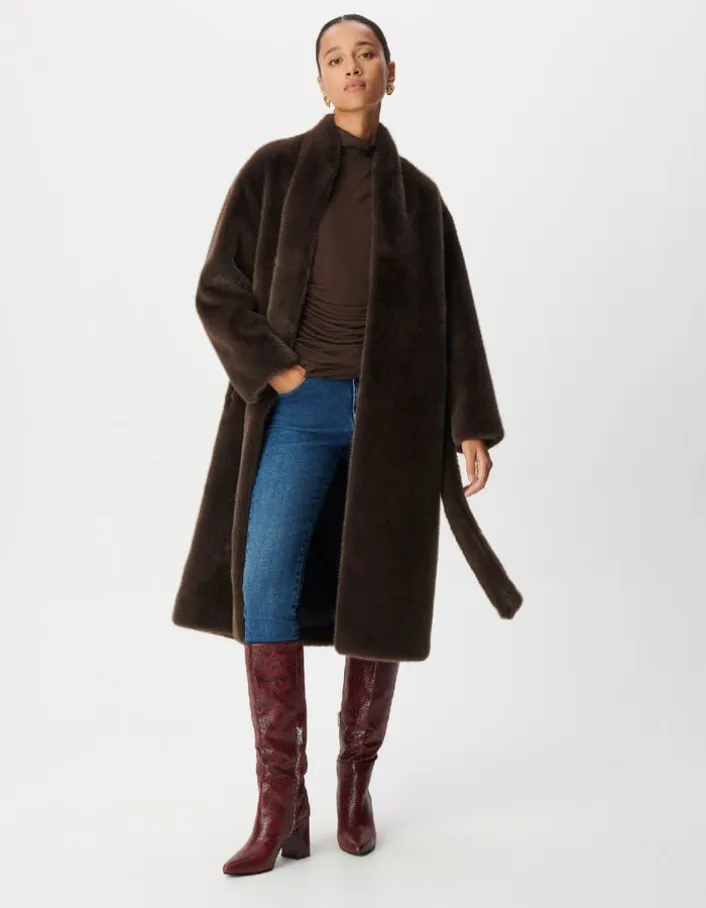 Manteau long marron col montant avec ceinture Femme