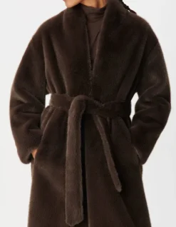 Manteau long marron col montant avec ceinture Femme