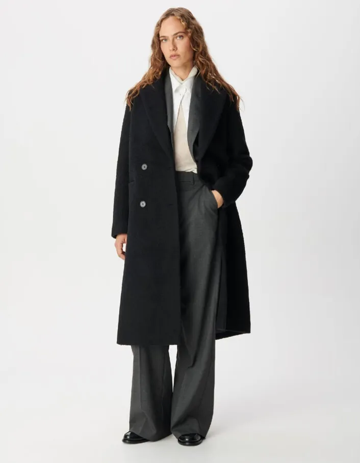 Manteau long noir effet poilu Femme