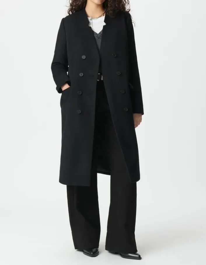 Manteau long noir parementure à capuche amovible Femme