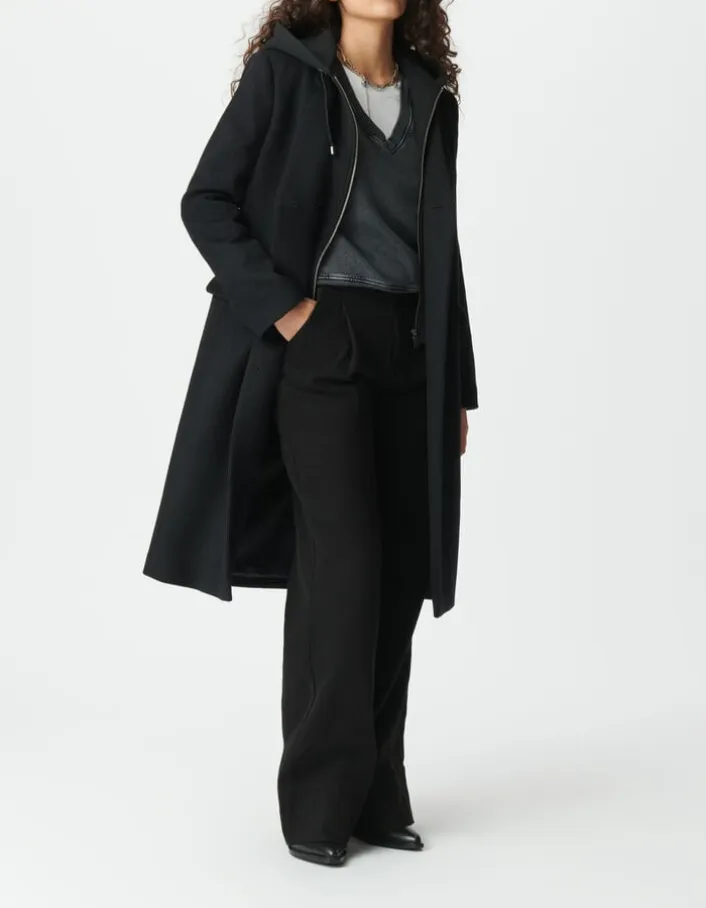 Manteau long noir parementure à capuche amovible Femme