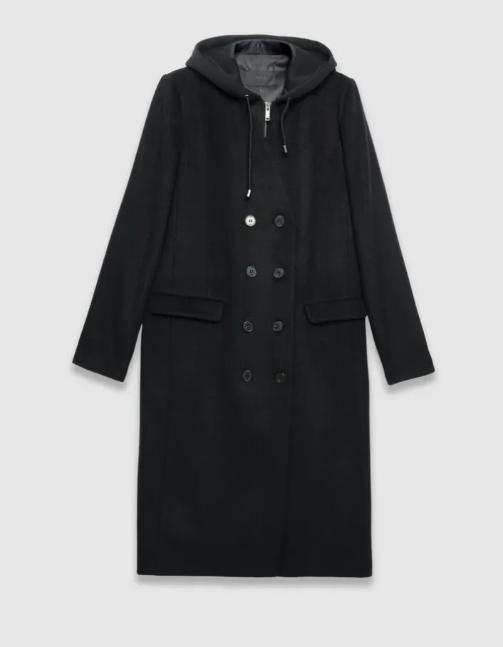 Manteau long noir parementure à capuche amovible Femme