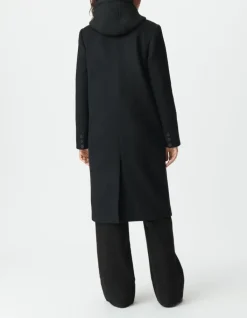 Manteau long noir parementure à capuche amovible Femme