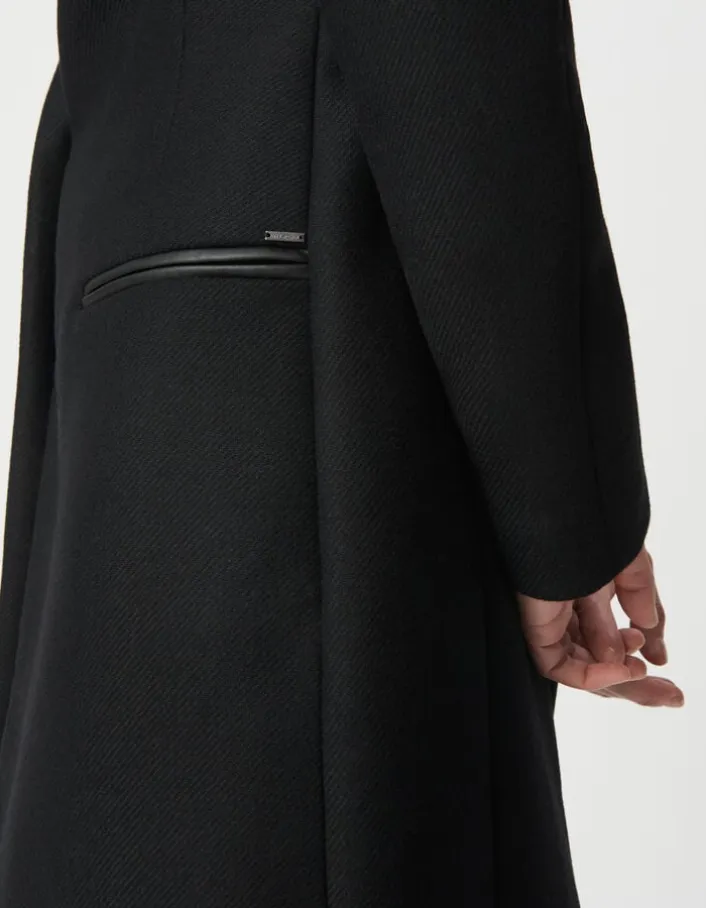 Manteau mi-long noir capuche matelassée amovible Femme