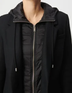 Manteau mi-long noir capuche matelassée amovible Femme