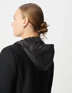 Manteau mi-long noir capuche matelassée amovible Femme