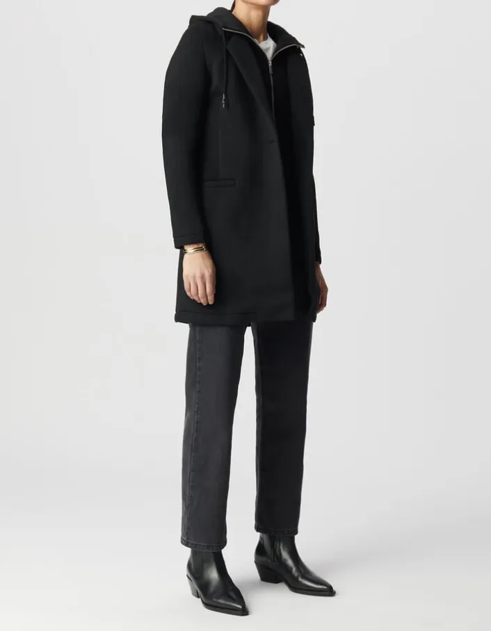 Manteau noir néoprène capuche amovible Femme