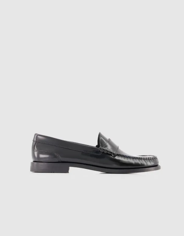 Mocassins noirs cuir avec couture froncée Femme