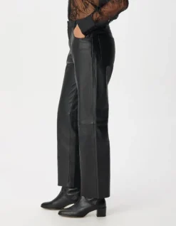 Pantalon droit en cuir noir Femme