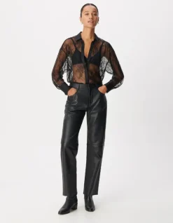 Pantalon droit en cuir noir Femme