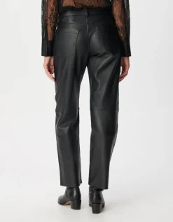 Pantalon droit en cuir noir Femme