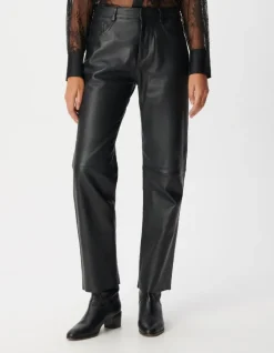 Pantalon droit en cuir noir Femme