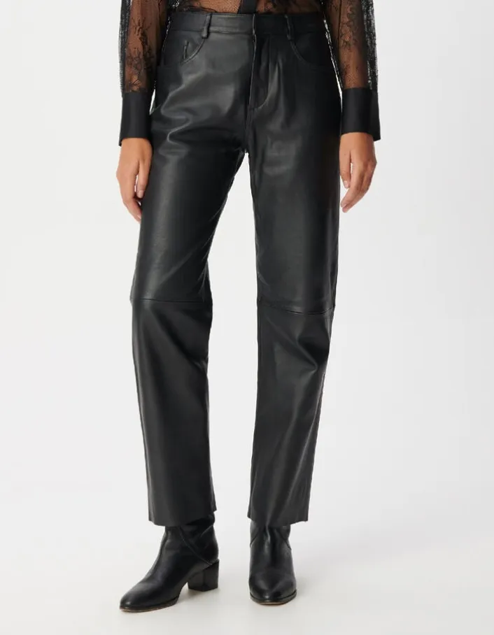 Pantalon droit en cuir noir Femme