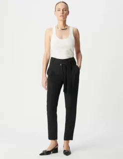 Pantalon droit noir taille haute ceinturée Femme