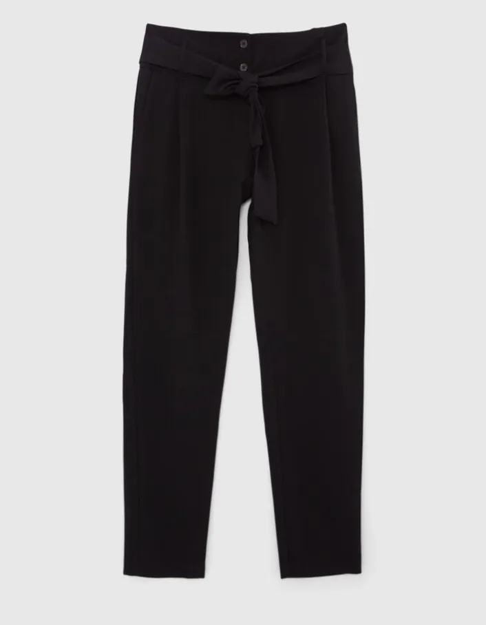 Pantalon droit noir taille haute ceinturée Femme