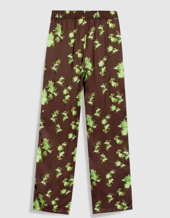 Pantalon fluide marron imprimé tachiste flou Femme