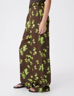 Pantalon fluide marron imprimé tachiste flou Femme