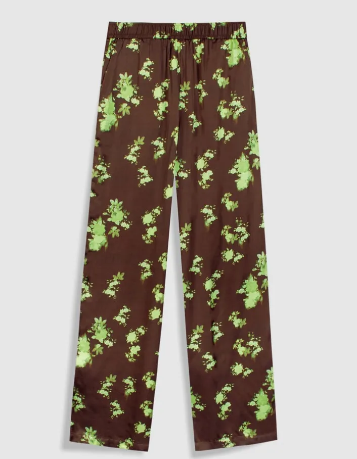 Pantalon fluide marron imprimé tachiste flou Femme