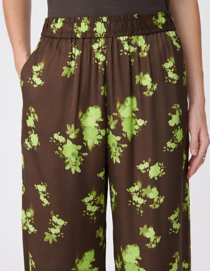 Pantalon fluide marron imprimé tachiste flou Femme