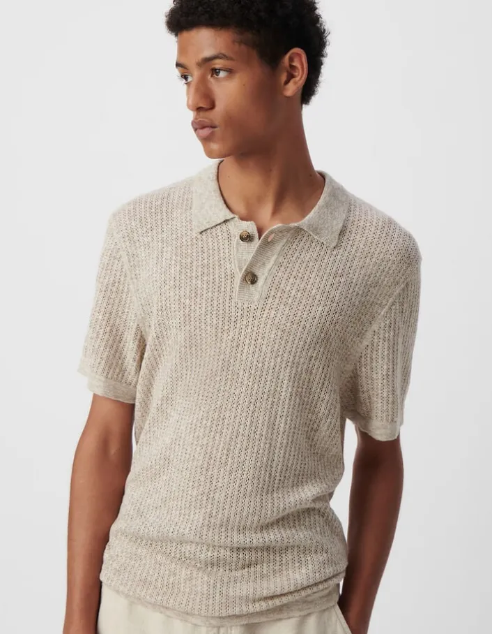 Polo beige tricot ajouré fantaisie Homme
