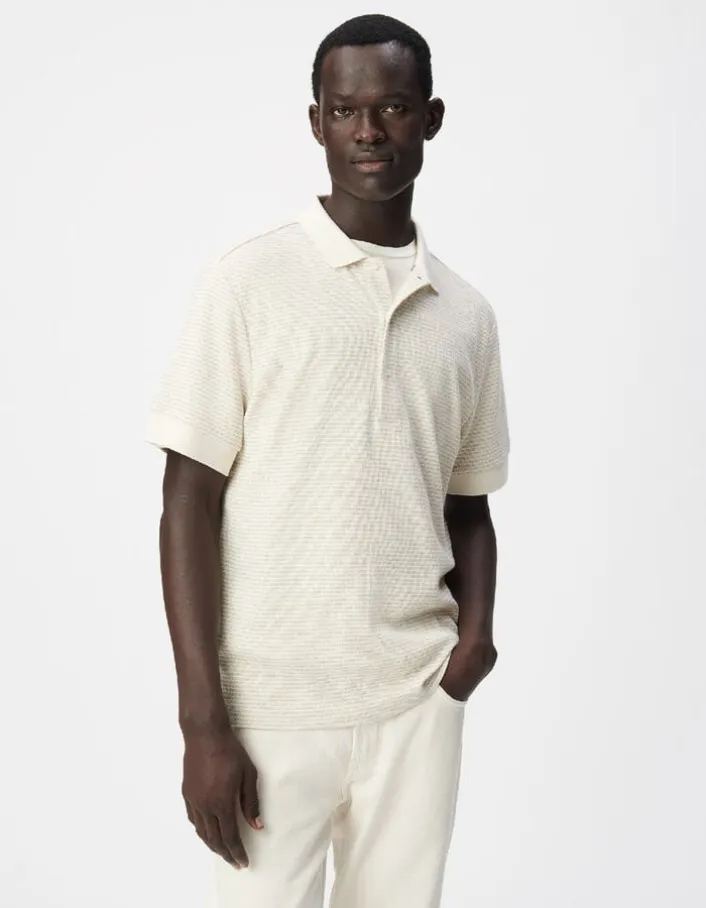Polo manches courtes beige fines rayures Homme