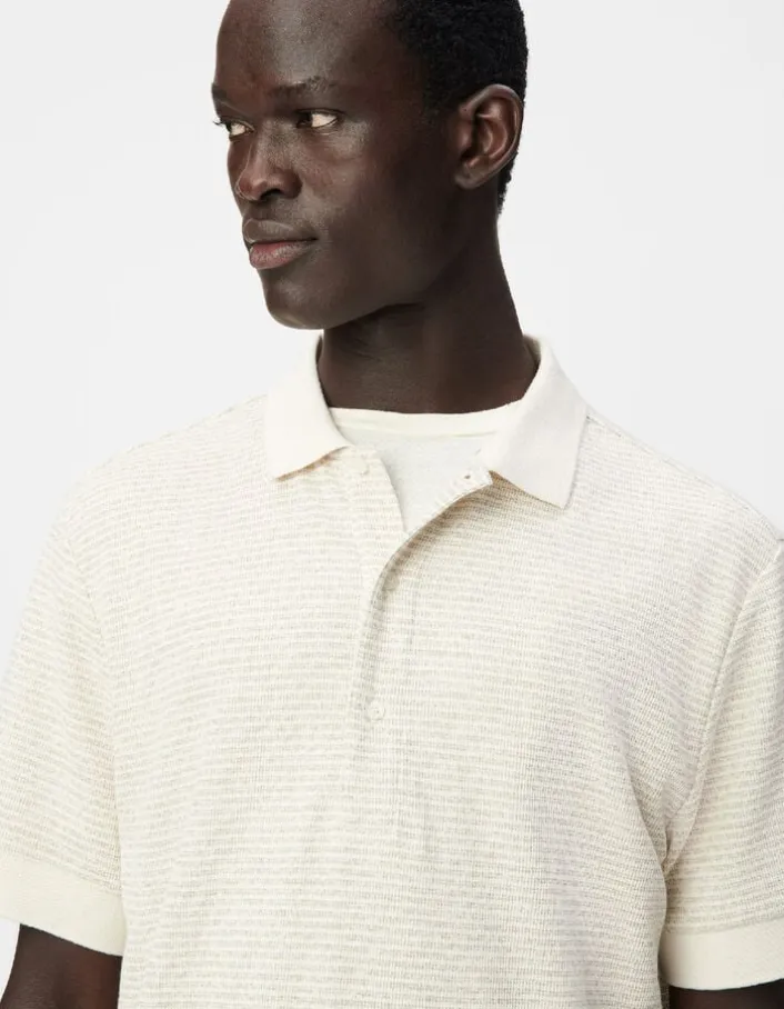 Polo manches courtes beige fines rayures Homme