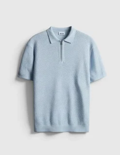 Polo manches courtes bleu ciel tricot relief ajouré Homme