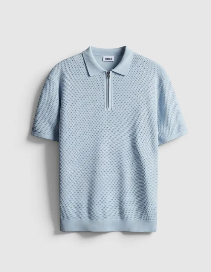 Polo manches courtes bleu ciel tricot relief ajouré Homme