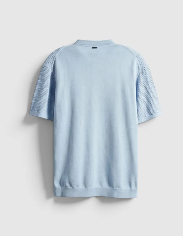 Polo manches courtes bleu ciel tricot relief ajouré Homme