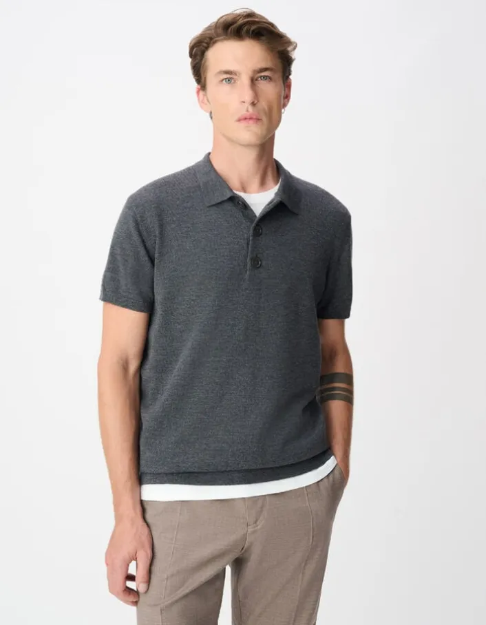 Polo manches courtes gris tricot 100% laine Homme