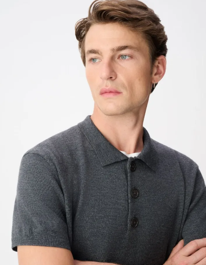 Polo manches courtes gris tricot 100% laine Homme