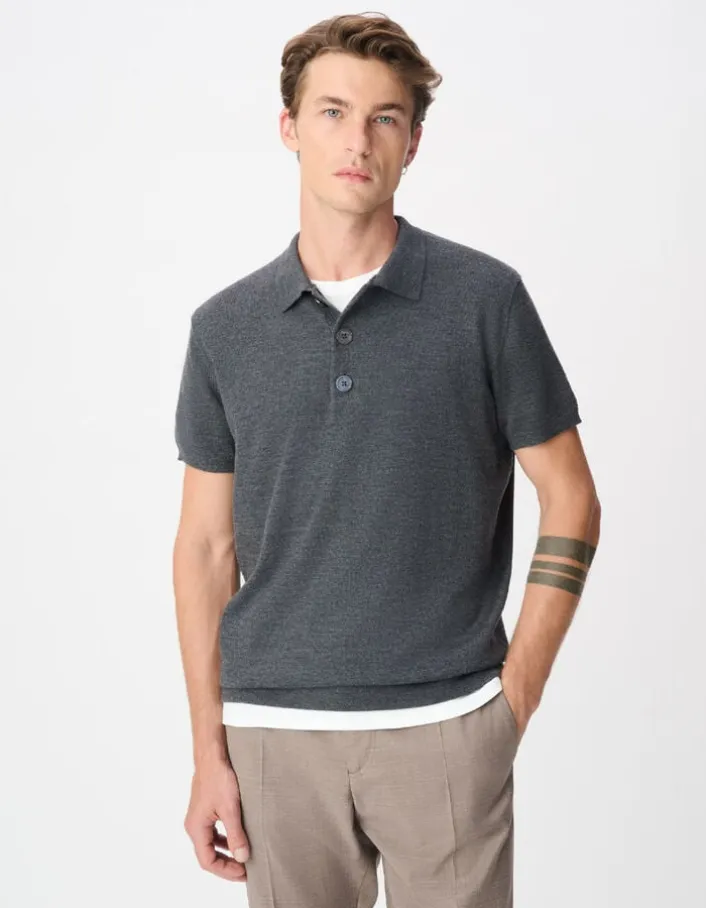 Polo manches courtes gris tricot 100% laine Homme